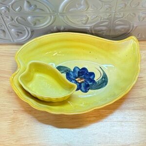 Vintage Individual Dip & Chip Bowl Yellow with a Blue Flower Ceramic Unmarked